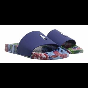 Polo Ralph Lauren Navy Garden Floral Tropical Big Pony Slide Sandals